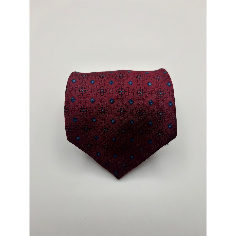 Van Heusen Mens Silk Tie Burgundy Red Blue Geometric Diamond Pattern USA Made